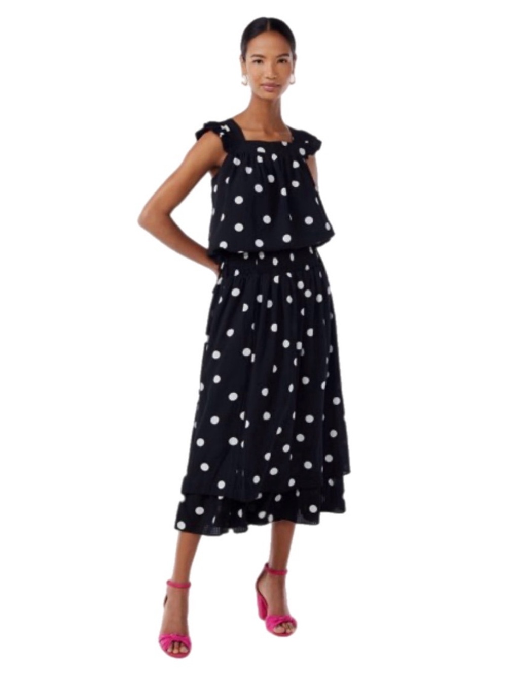 Scoop NYC Black & White Polka Dot Two Piece Crop Top Midi Skirt Set Whimsical